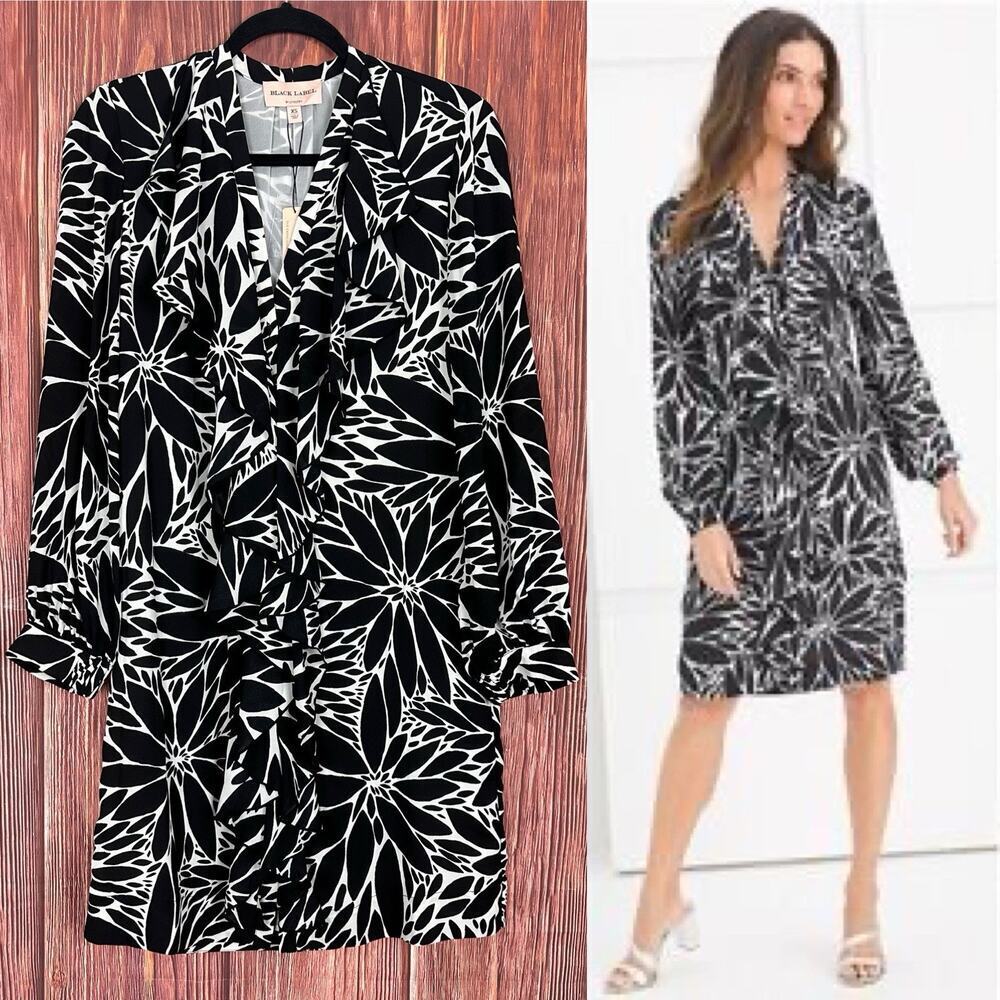 Chico's Black Label Ruffle Dress Black White Button Up Long Sleeve Size XS NWT